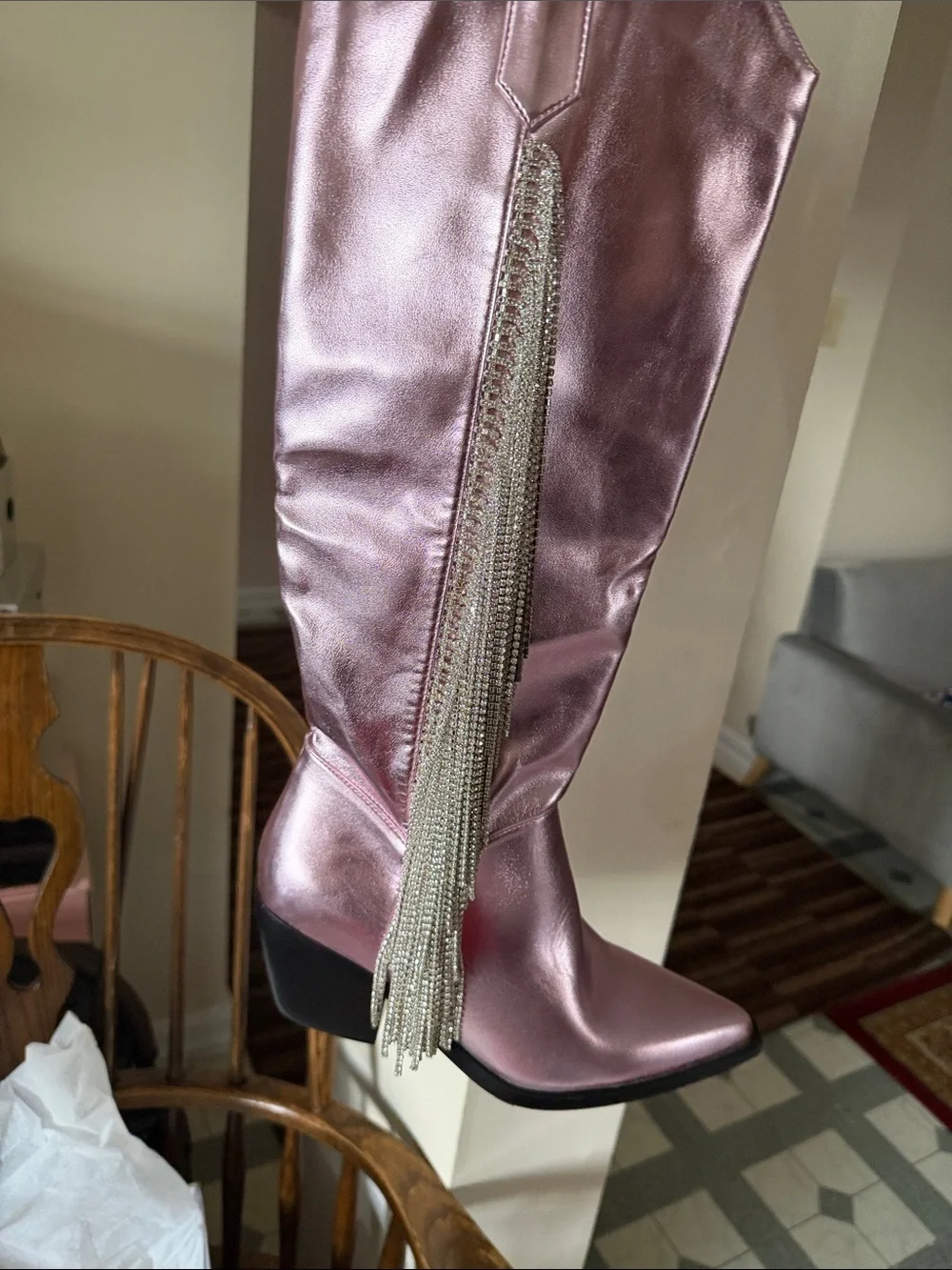 Metallic Pink Tassel-Trim Wedge Boots